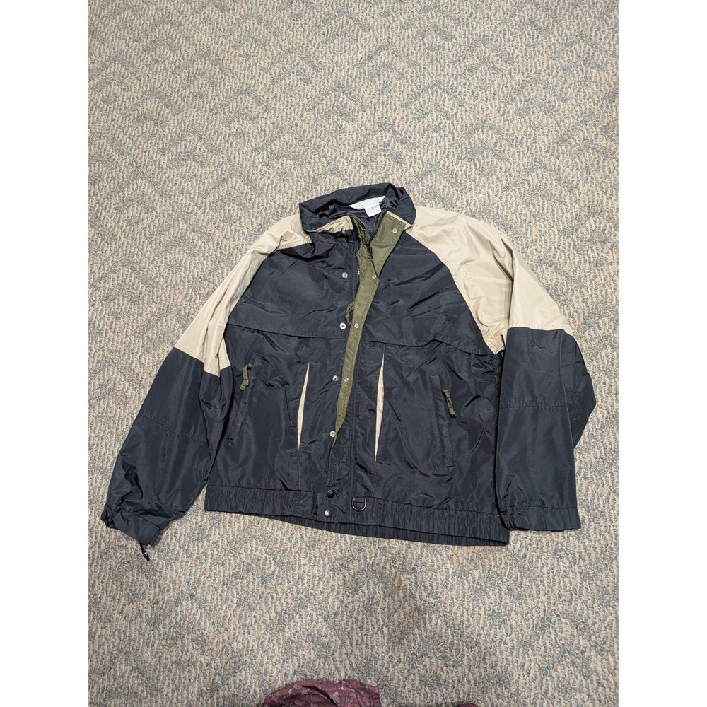 Izod Club Vintage Mens Large Colorblock Windbreaker Jacket Black Tan Green 23178